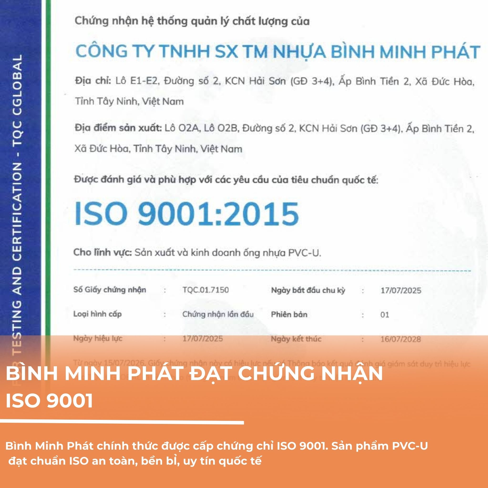 Bình Minh Phát đat chứng nhận iso